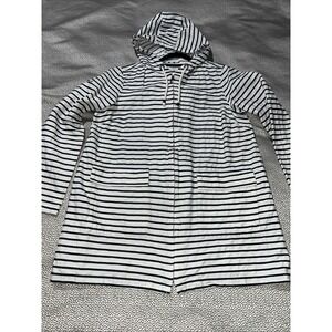 J Jill Mariner Nautical Striped Hooded Zip Jacket Womens Small Blue White Cotton